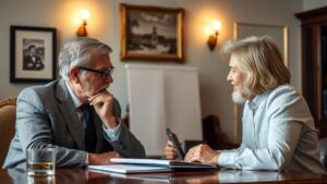Advogado conversando com cliente idoso sobre a retenção de IR na aposentadoria no exterior.