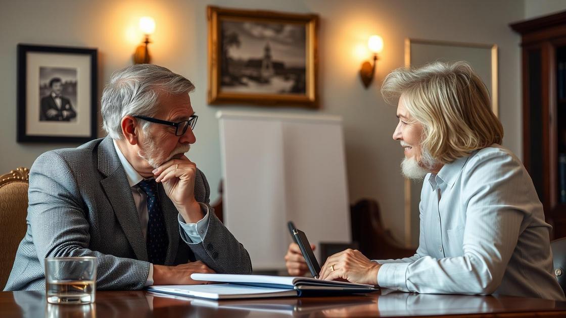 Advogado conversando com cliente idoso sobre a retenção de IR na aposentadoria no exterior.