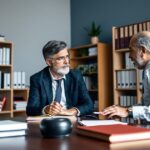 Advogado conversando com cliente idoso sobre desconto de 25% na aposentadoria no exterior, em escritório jurídico moderno.