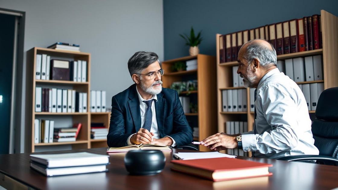 Advogado conversando com cliente idoso sobre desconto de 25% na aposentadoria no exterior, em escritório jurídico moderno.
