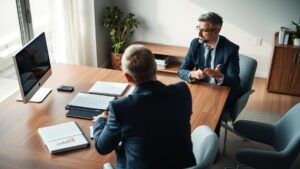 Advogado conversando com aposentado em escritório moderno sobre restituição do IR de 25% para Aposentados no Exterior.