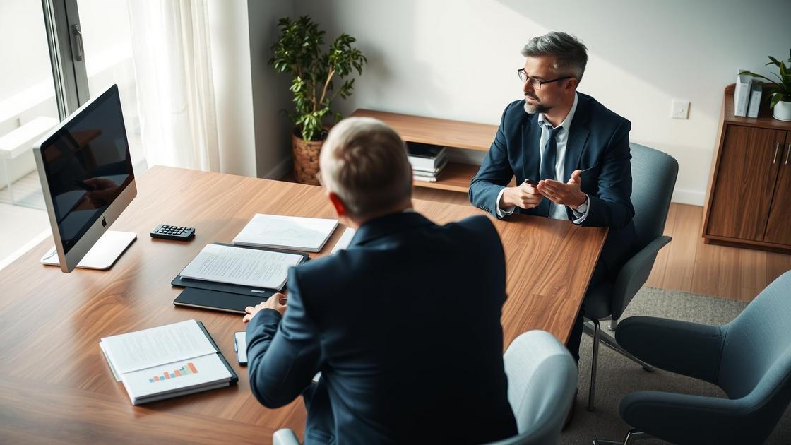 Advogado conversando com aposentado em escritório moderno sobre restituição do IR de 25% para Aposentados no Exterior.