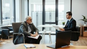 Pensionista brasileiro recebendo orientação de advogado sobre desconto de Imposto de Renda em benefício exterior.