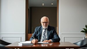 Cliente idoso consultando advogado sobre Tema 1174 do STF no escritório moderno, representando justiça fiscal