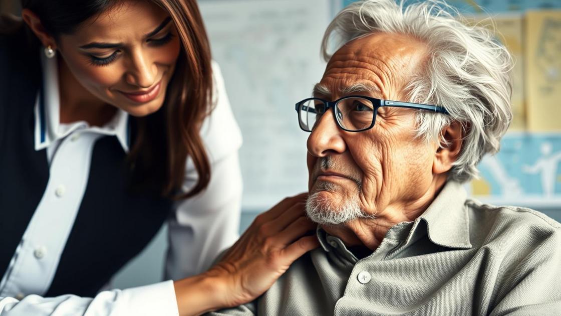 Imagem de advogada auxiliando aposentado brasileiro idoso em escritório, representando o fim do IR de 25% para Aposentados no Exterior.