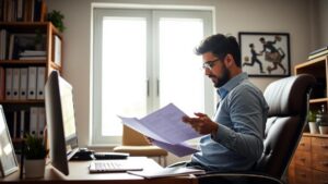 Aposentado brasileiro lendo documentos em home office, mostrando confiança e alívio sobre mudanças fiscais.