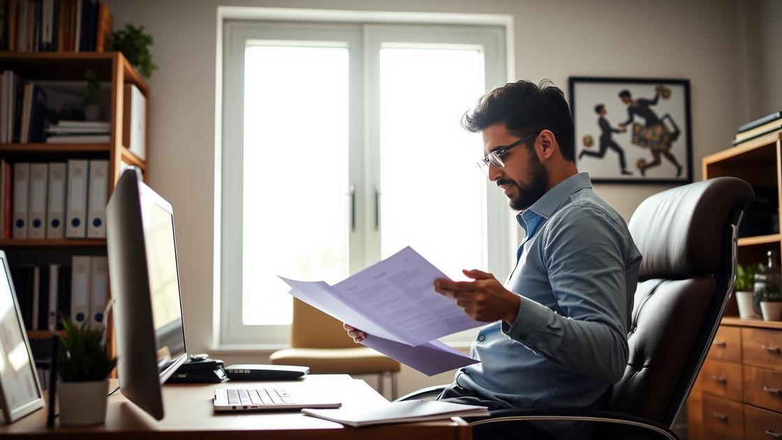 Aposentado brasileiro lendo documentos em home office, mostrando confiança e alívio sobre mudanças fiscais.