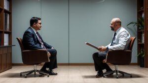 Aposentado brasileiro consultando advogado em escritório moderno sobre imposto de renda no exterior.