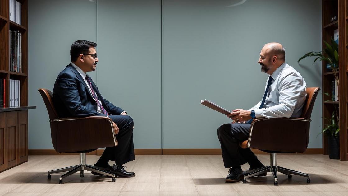 Aposentado brasileiro consultando advogado em escritório moderno sobre imposto de renda no exterior.