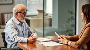 Cliente aposentado discutindo a isenção de IR para aposentados no exterior com advogada em escritório moderno.