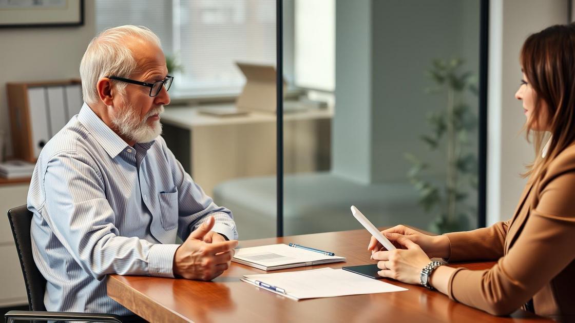 Cliente aposentado discutindo a isenção de IR para aposentados no exterior com advogada em escritório moderno.