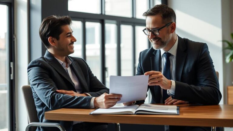 Aposentado brasileiro feliz em consulta com advogado, abordando nova regra do STF sobre aposentadoria no exterior.