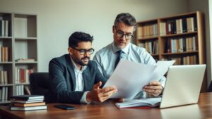 Aposentados acima de 65 anos no exterior têm direito à dupla isenção de IR, advogado e cliente revisando documentos em escritório.