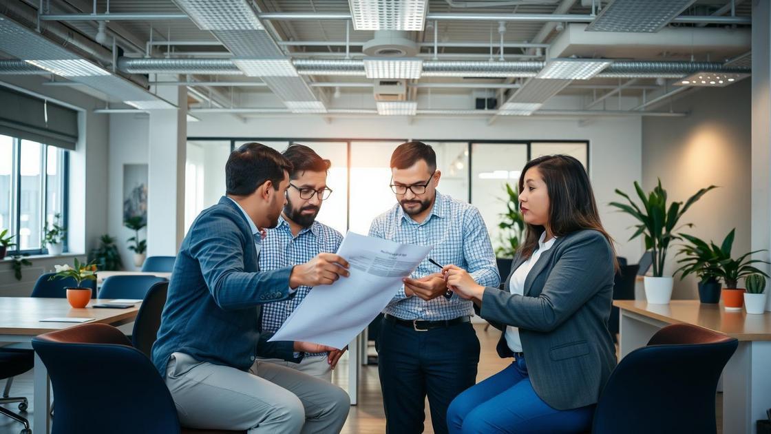 Grupo de aposentados brasileiros reunidos com advogado em escritório moderno, discutindo recuperação de IR pago indevidamente