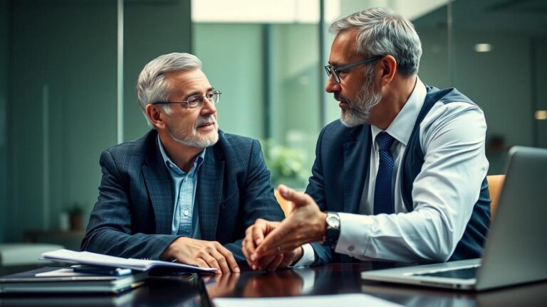 Aposentado brasileiro consultando advogado no escritório sobre cálculo do Imposto de Renda, com foco em planejamento tributário.
