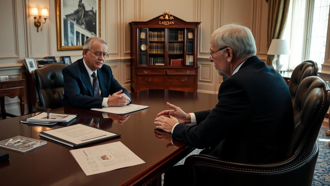 Aposentado discutindo sua restituição de imposto com advogado em escritório moderno, representando o impacto da Taxa SELIC na restituição do IR para aposentados no exterior.