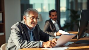 Aposentado brasileiro de 65 anos buscando orientação com advogado em escritório sobre restituição do IR de 25% para aposentados no exterior