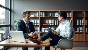 Advogado conversando com cliente aposentado em escritório moderno sobre Ação Judicial para Cessar IR de 25% no Exterior