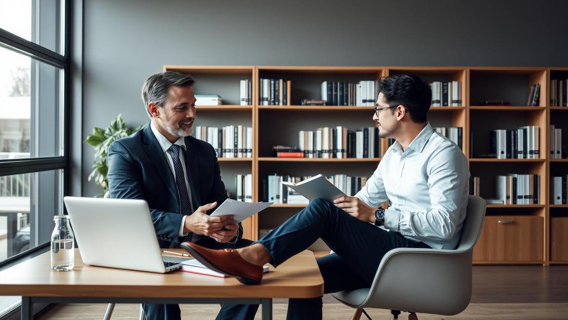 Advogado conversando com cliente aposentado em escritório moderno sobre Ação Judicial para Cessar IR de 25% no Exterior