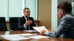 Advogado explicando a cobrança de 25% de IR a cliente aposentado em sala de reunião iluminada.