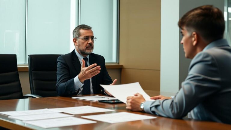 Advogado explicando a cobrança de 25% de IR a cliente aposentado em sala de reunião iluminada.