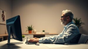 Aposentado em videoconferência com advogado, discutindo a restituição do IR de 25% para aposentados no exterior.