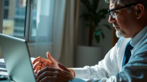 Processo Judicial Digital para Aposentados no Exterior: aposentado em consulta virtual com advogado especializado em escritório iluminado.