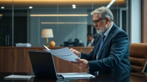 Advogado profissional analisando documentos com cliente idoso sobre restituição do Imposto de Renda de 25% em escritório moderno.