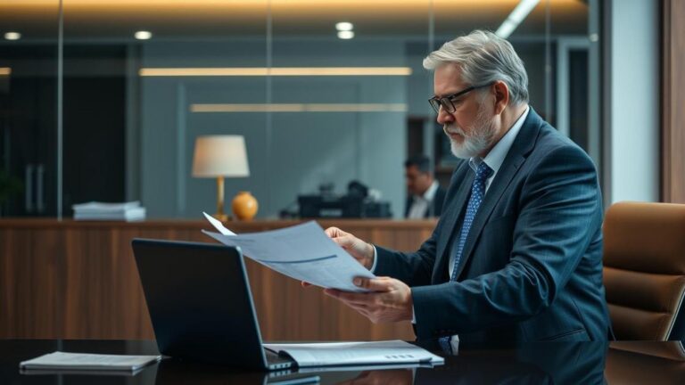 Advogado profissional analisando documentos com cliente idoso sobre restituição do Imposto de Renda de 25% em escritório moderno.