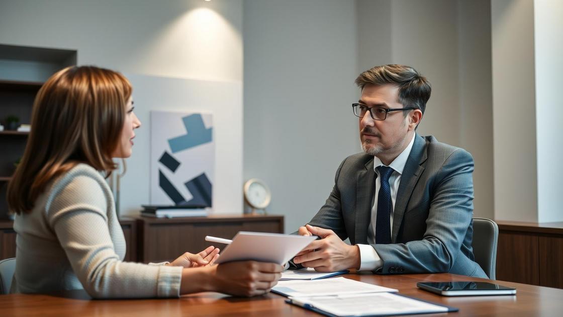 Advogado experiente discutindo options com cliente aposentado sobre Imposto de Renda, representando a diferença entre vias administrativas e judiciais.