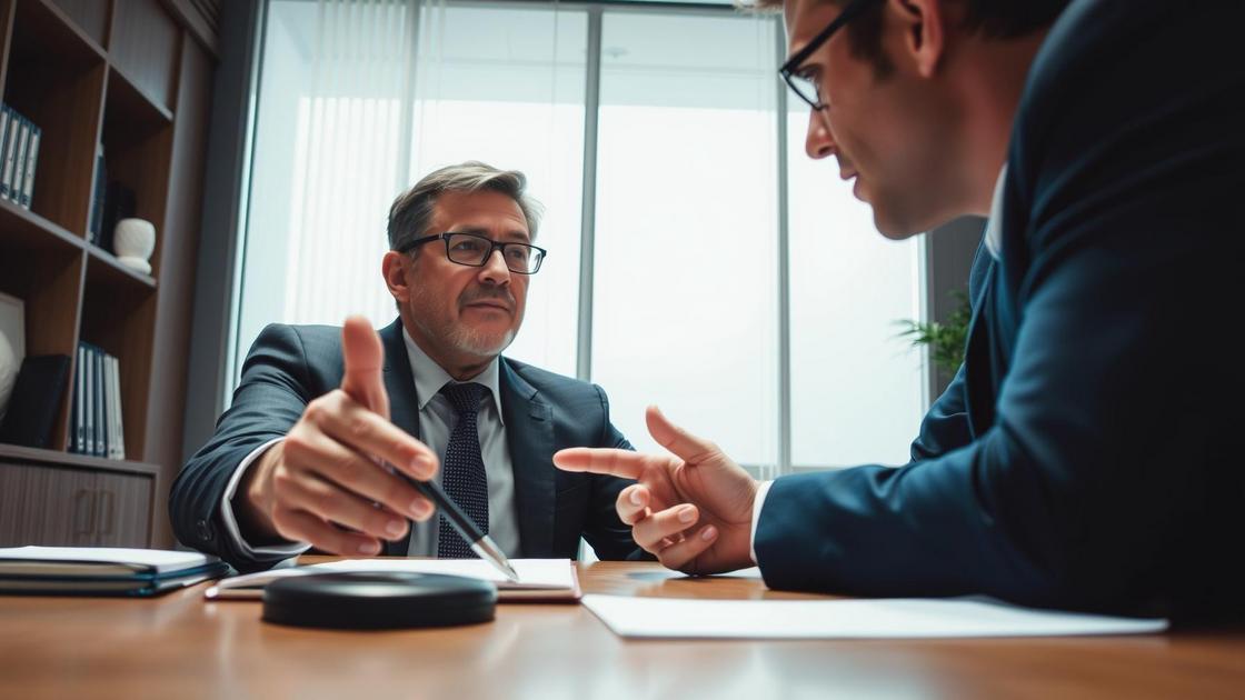 Advogado orientando aposentado sobre documentos necessários para a ação de restituição do IR de 25% no escritório moderno