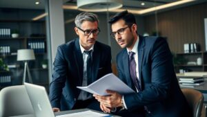 Aposentado consultando advogado em escritório moderno sobre rediscussão do IR de 25% da aposentadoria no exterior