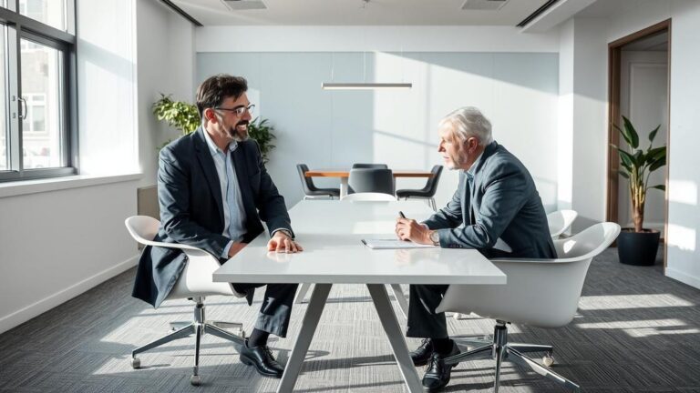 Cliente idoso consultando advogado em escritório moderno sobre aposentadoria no exterior e Imposto de Renda de 25%