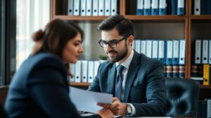 Cliente aposentado conversando com advogado em escritório moderno sobre Tabela Progressiva e Aposentados no Exterior