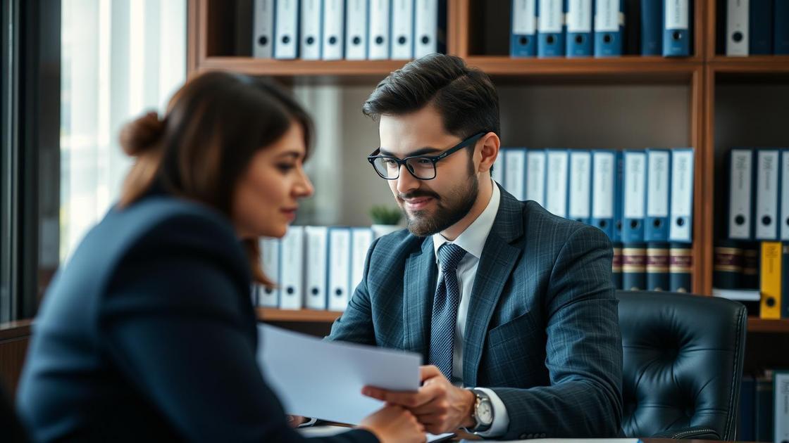 Cliente aposentado conversando com advogado em escritório moderno sobre Tabela Progressiva e Aposentados no Exterior