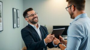 Cliente aposentado contente ao receber assistência jurídica sobre Imposto de Renda no 13º salário no escritório.