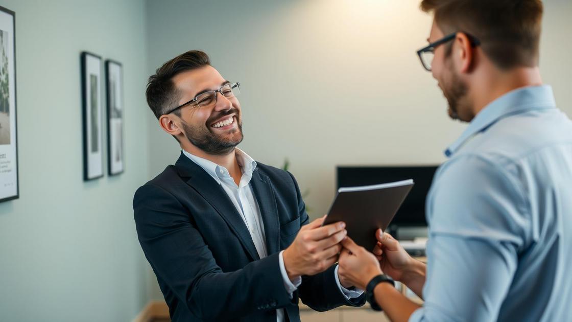 Cliente aposentado contente ao receber assistência jurídica sobre Imposto de Renda no 13º salário no escritório.