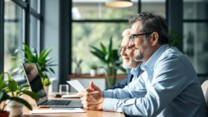 Cliente idoso recebendo orientação de advogado em escritório moderno representando a Vitória do STF para Aposentados e Pensionistas no Exterior.