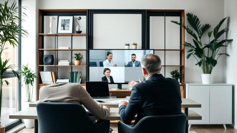 Cliente aposentado recebendo orientações sobre aposentadoria no exterior em videoconferência com advogado especializado.