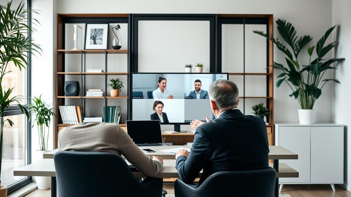 Cliente aposentado recebendo orientações sobre aposentadoria no exterior em videoconferência com advogado especializado.