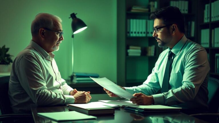 Cliente idoso e advogado discutindo isenção de imposto de renda com documentos em escritório moderno.