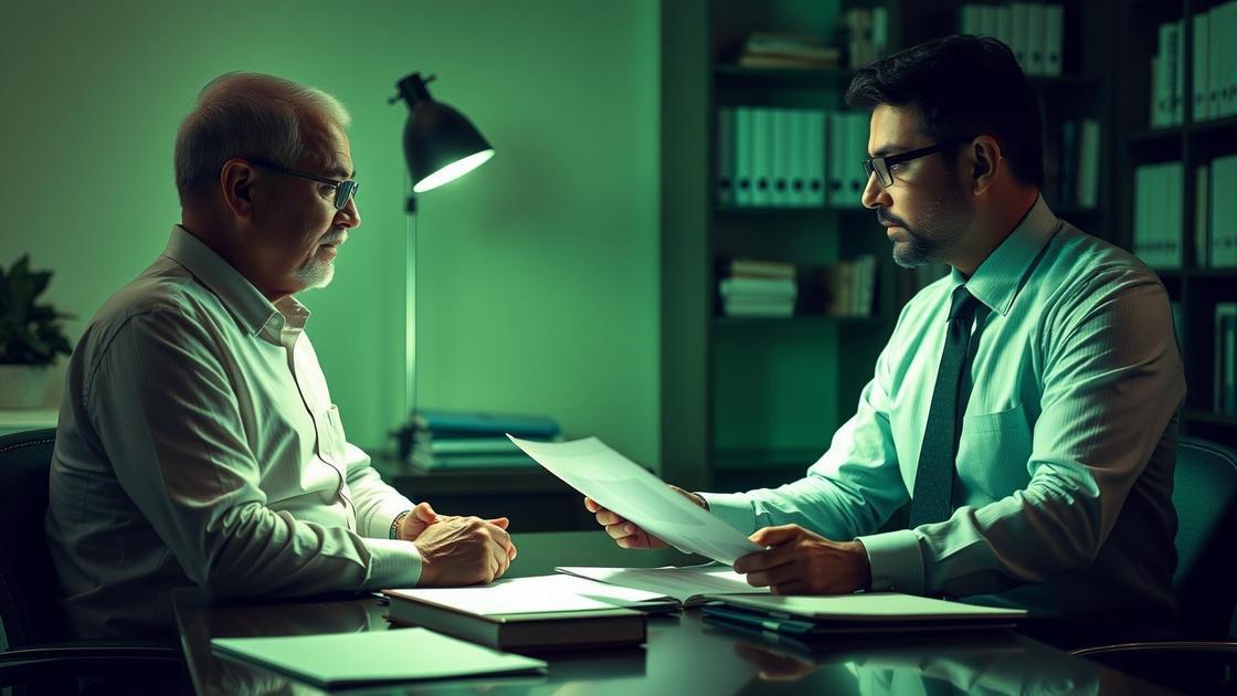 Cliente idoso e advogado discutindo isenção de imposto de renda com documentos em escritório moderno.