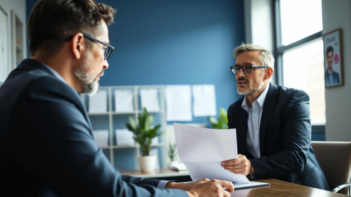 Cliente aposentado em consulta com advogado sobre restituição de IR de 25% no escritório moderno.