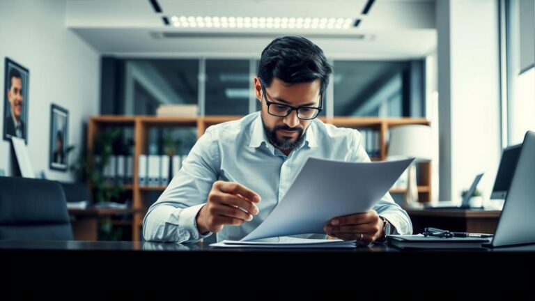 Cliente aposentado revisando documentos de restituição de impostos em escritório moderno e iluminado, tema: PGFN Dispensa Recurso sobre IR de 25% para Aposentados