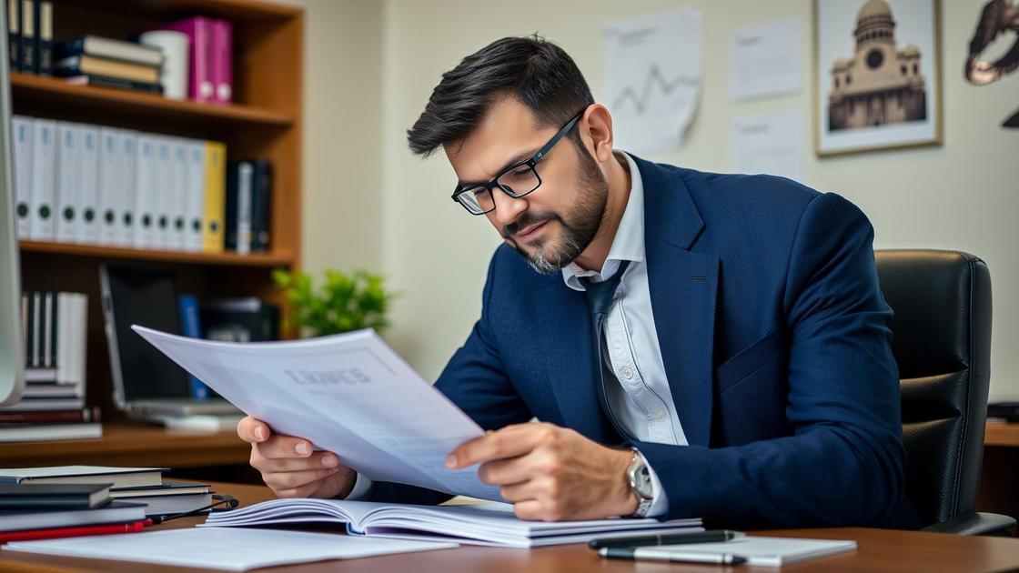 Cliente aposentado revisando documentos para restituição do IR de 25% para Aposentados no Exterior em escritório.