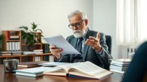 Cliente idoso revisando documentos de aposentadoria em escritório moderno sobre o fim do IR de 25% para aposentados do INSS no exterior