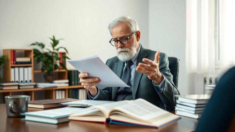Cliente idoso revisando documentos de aposentadoria em escritório moderno sobre o fim do IR de 25% para aposentados do INSS no exterior