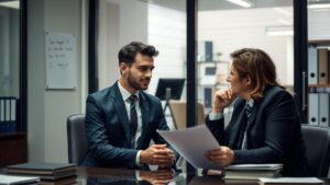 Servidor público aposentado conversando com advogado sobre a decisão do STF sobre o IR de 25% para aposentados no exterior