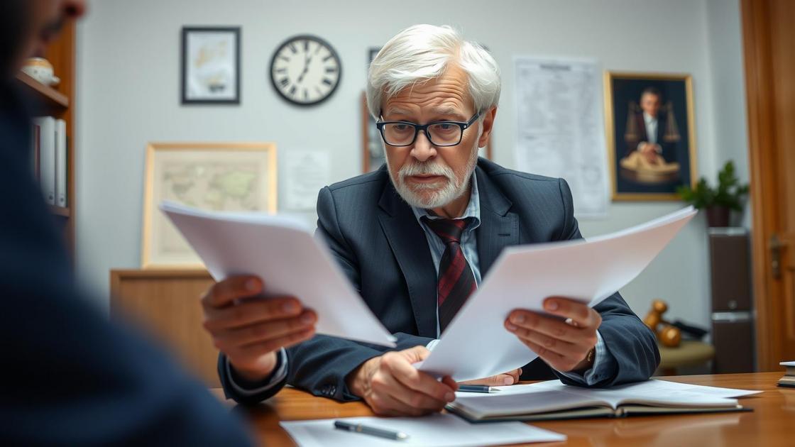 Cliente idoso revisando documentos com advogado sobre previdência privada para brasileiros no exterior.