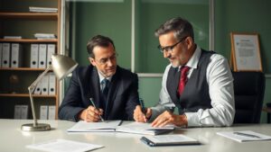 Advogado consultando herdeiros sobre restituição do IR de 25% e orientando sobre documentação em escritório contemporâneo.